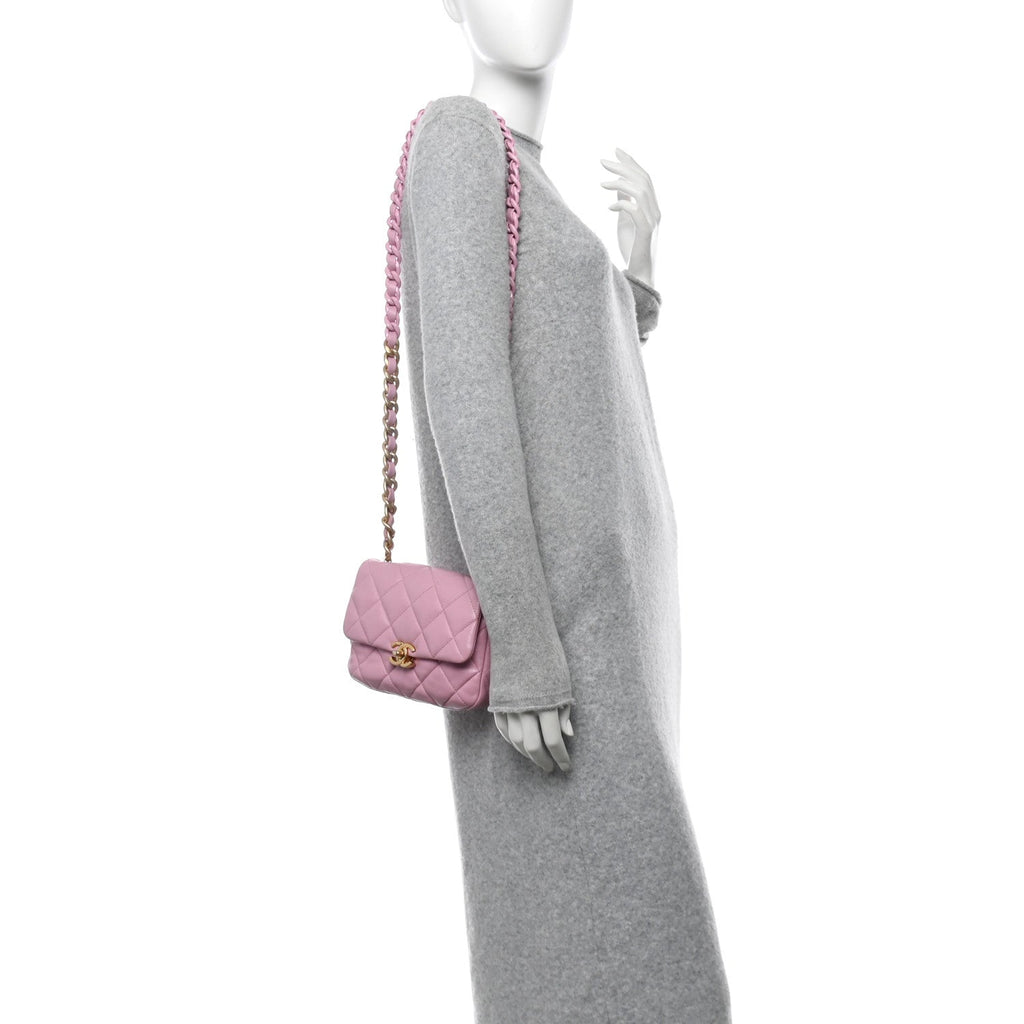 Chanel Lambskin Quilted Mini Lacquered Chain Flap Pink