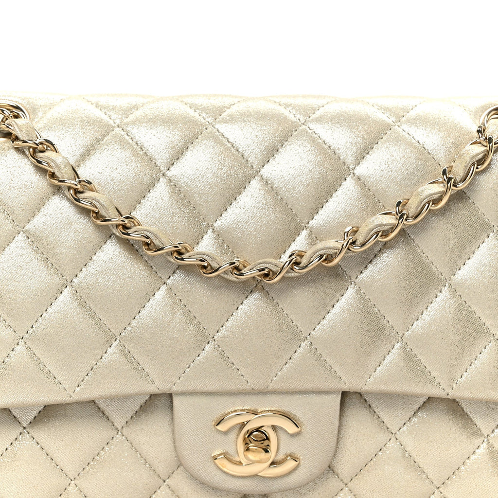Chanel Metallic Canvas Quilted Medium Double Flap Light Gold