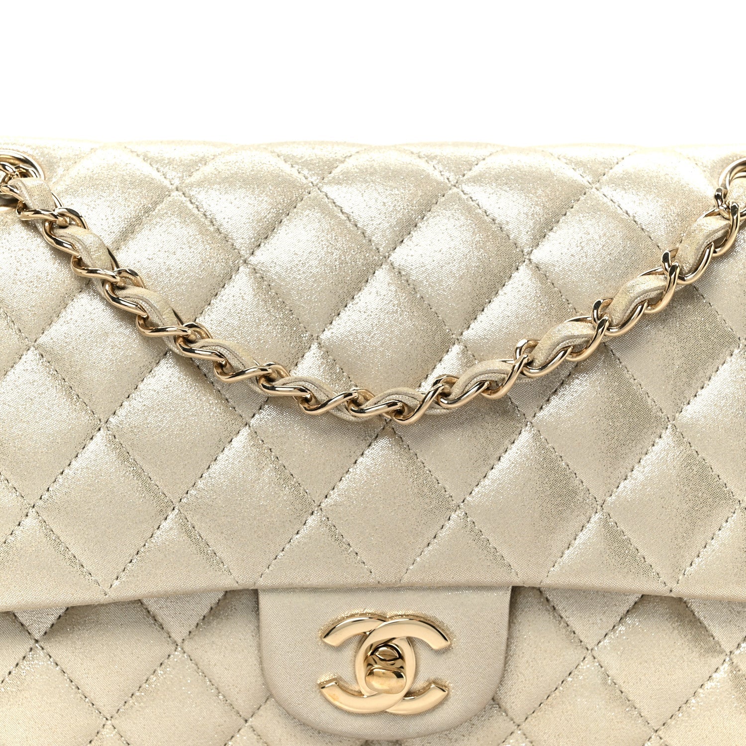 Chanel Metallic Canvas Quilted Medium Double Flap Light Gold