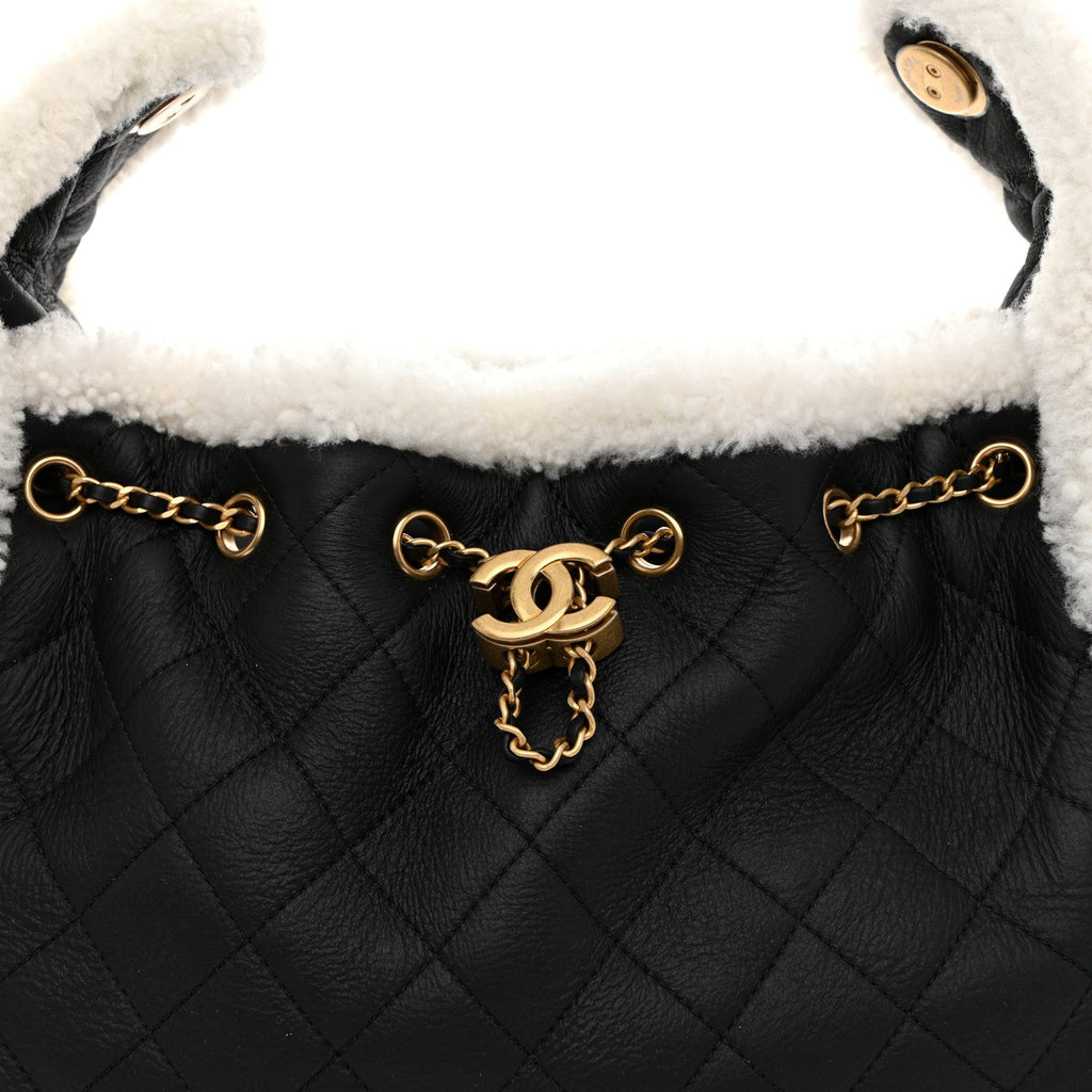Chanel Crumpled Sheepskin Shearling Quilted Small Chanel 25 Handbag Black White