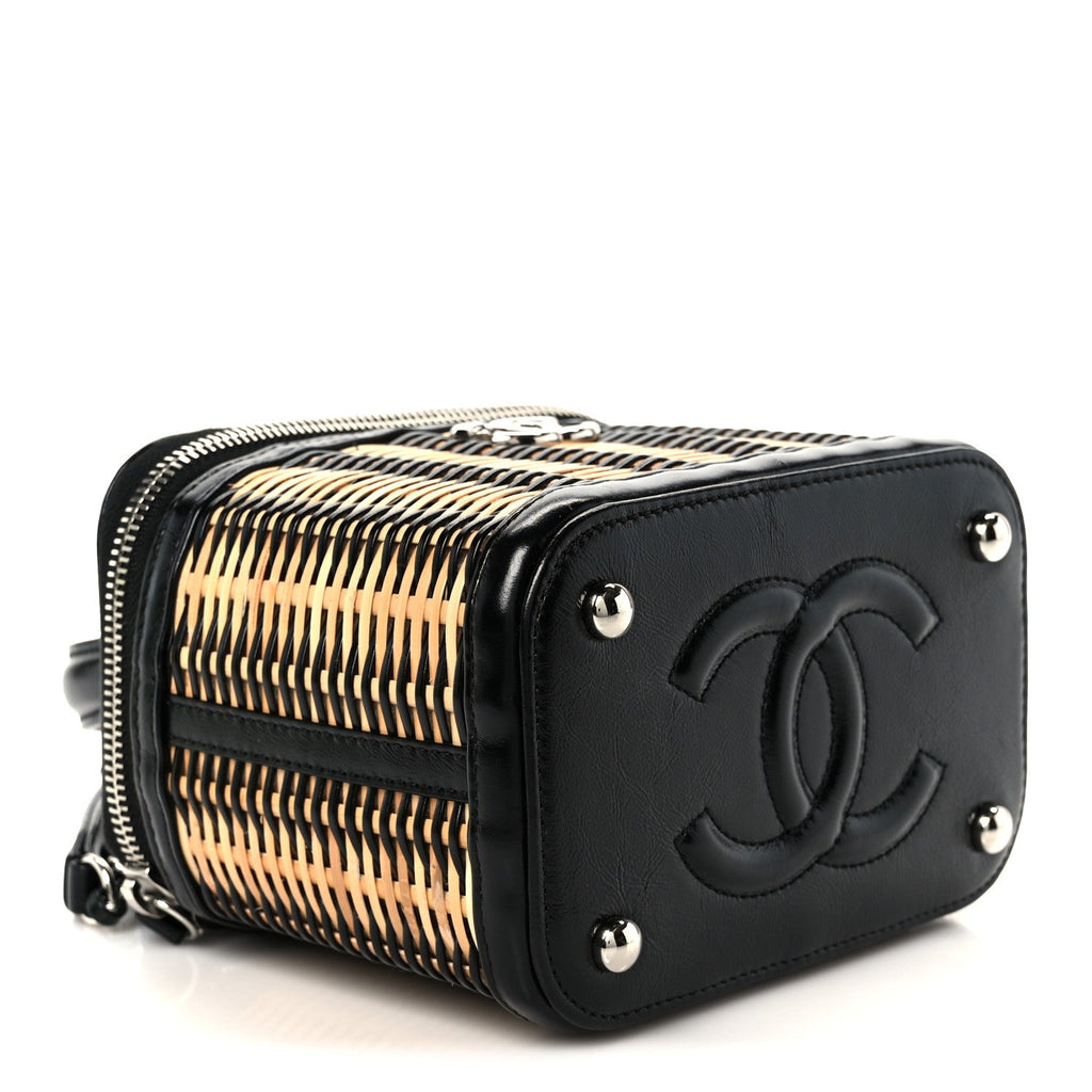 Chanel Calfskin Raffia Small Vanity Case Bag Black Beige