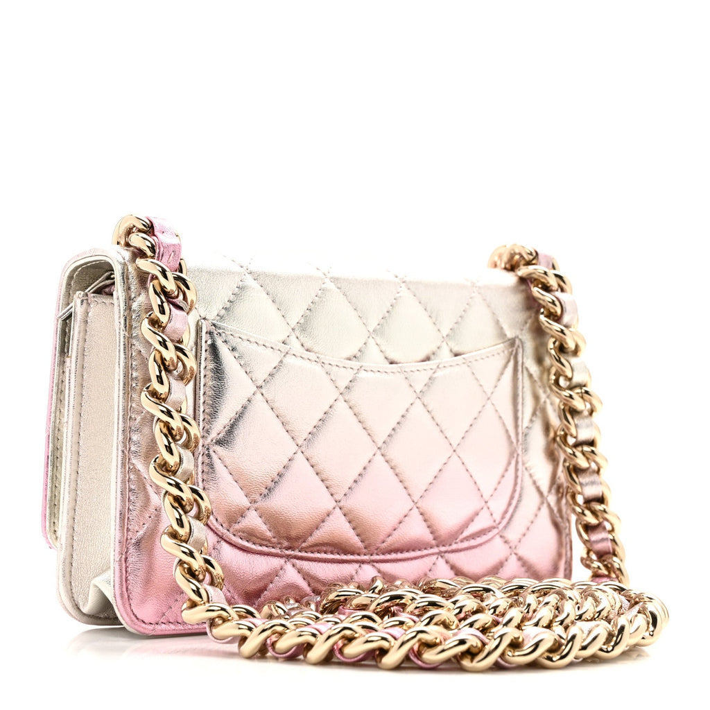 Chanel Gradient Metallic Lambskin Quilted Like A Wallet Wallet On Chain WOC Gold Pink