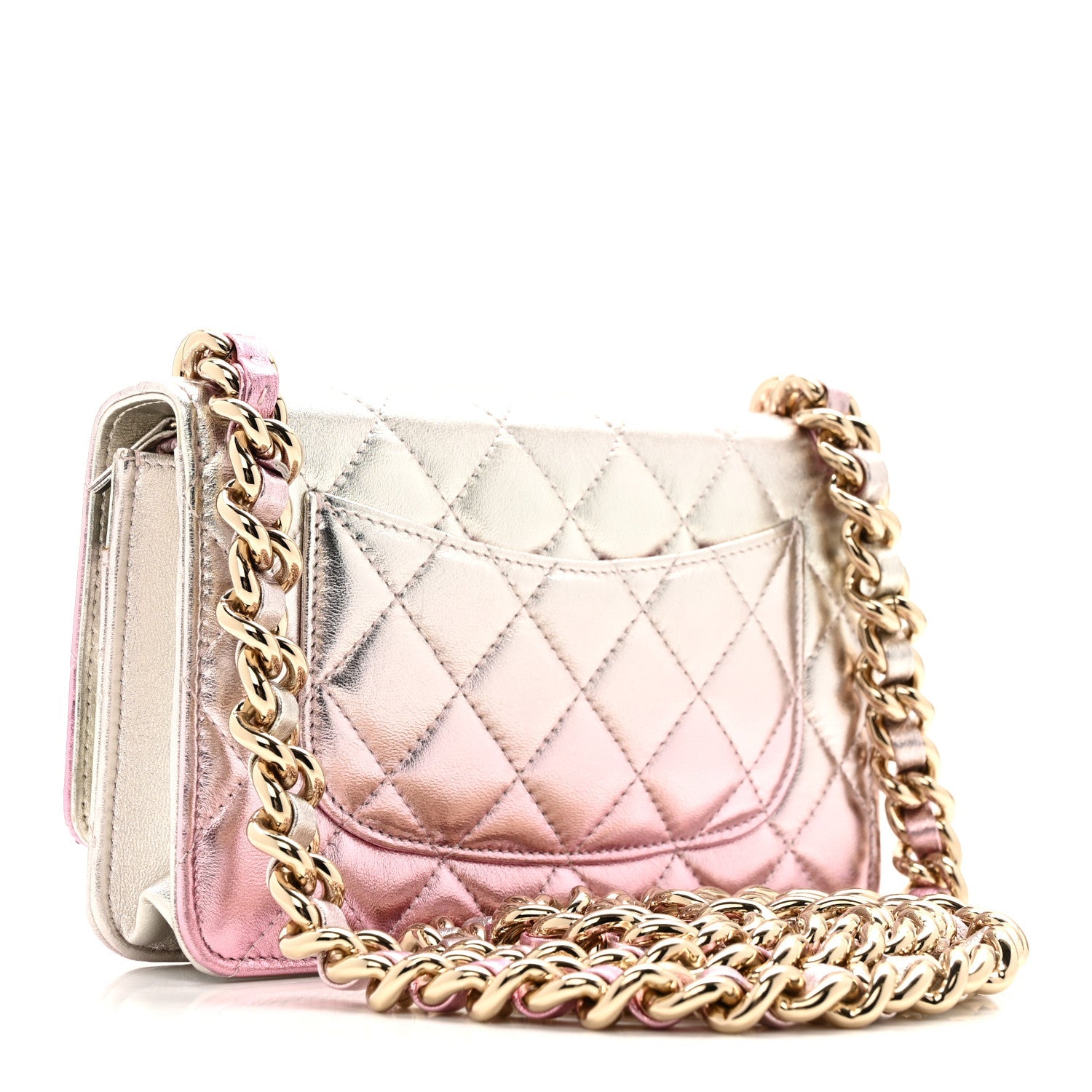 Chanel Gradient Metallic Lambskin Quilted Like A Wallet Wallet On Chain WOC Gold Pink