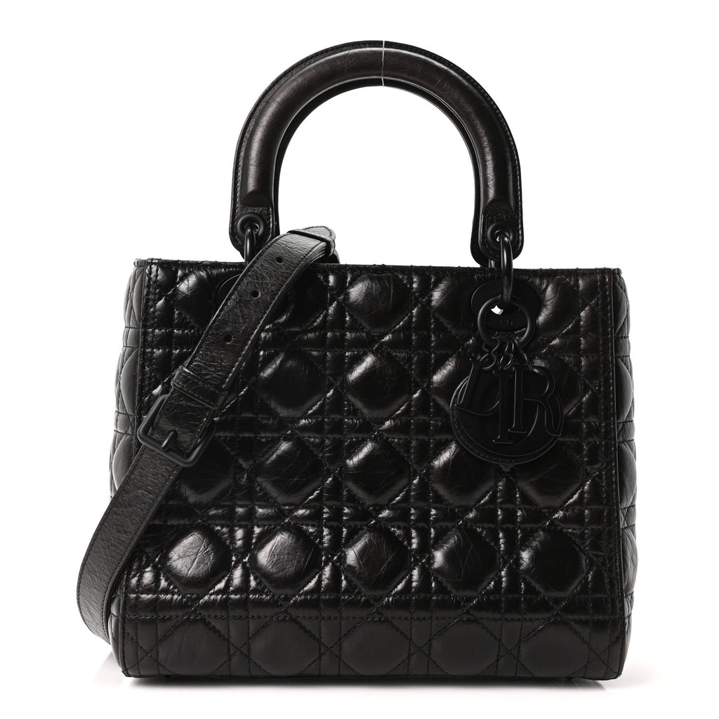 Christian Dior Crinkled Calfskin Cannage Medium Lady Dior Black