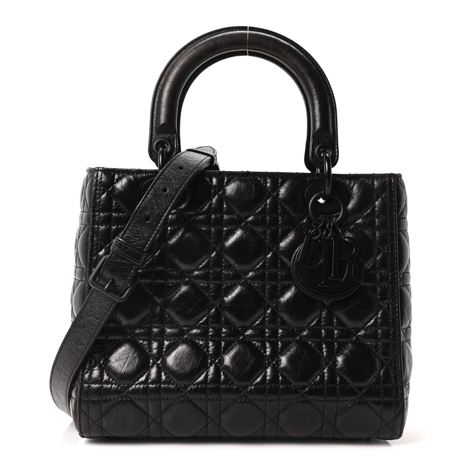 Christian Dior Crinkled Calfskin Cannage Medium Lady Dior Black