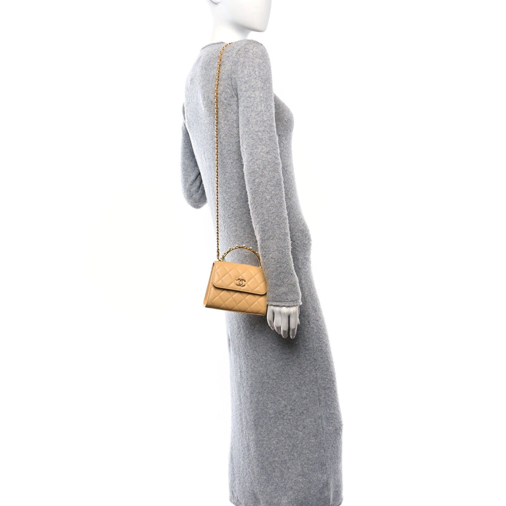 Chanel Lambskin Quilted Pearl Top Handle Flap With Chain Beige