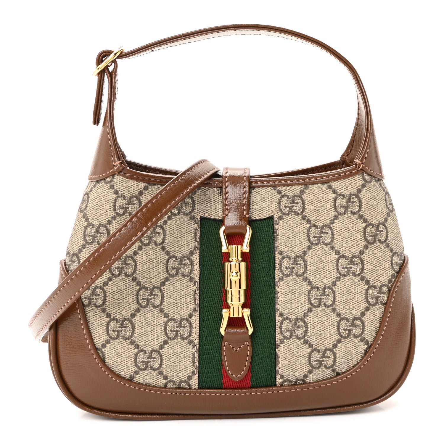 Gucci GG Supreme Monogram Azalea Calfskin Web Mini Jackie 1961 Hobo Beige Ebony Brown Sugar