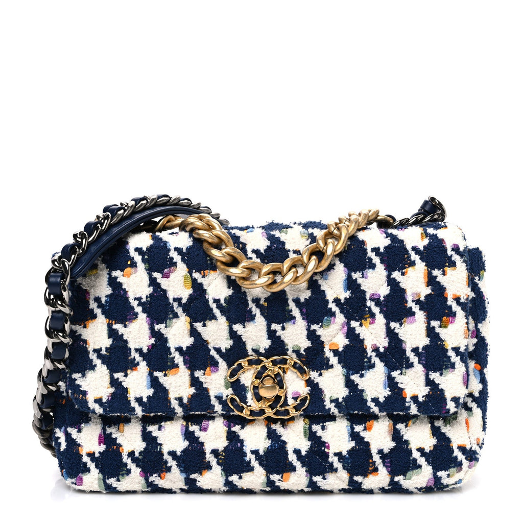 Chanel Tweed Quilted Medium Chanel 19 Flap Ecru Navy Blue Multicolor