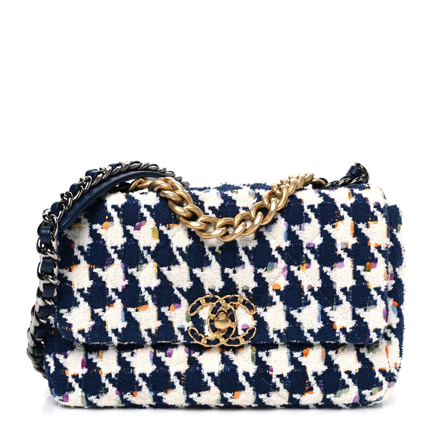 Chanel Tweed Quilted Medium Chanel 19 Flap Ecru Navy Blue Multicolor