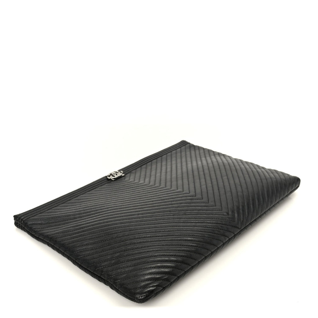 Lambskin Chevron Large Boy Zip Pouch Black