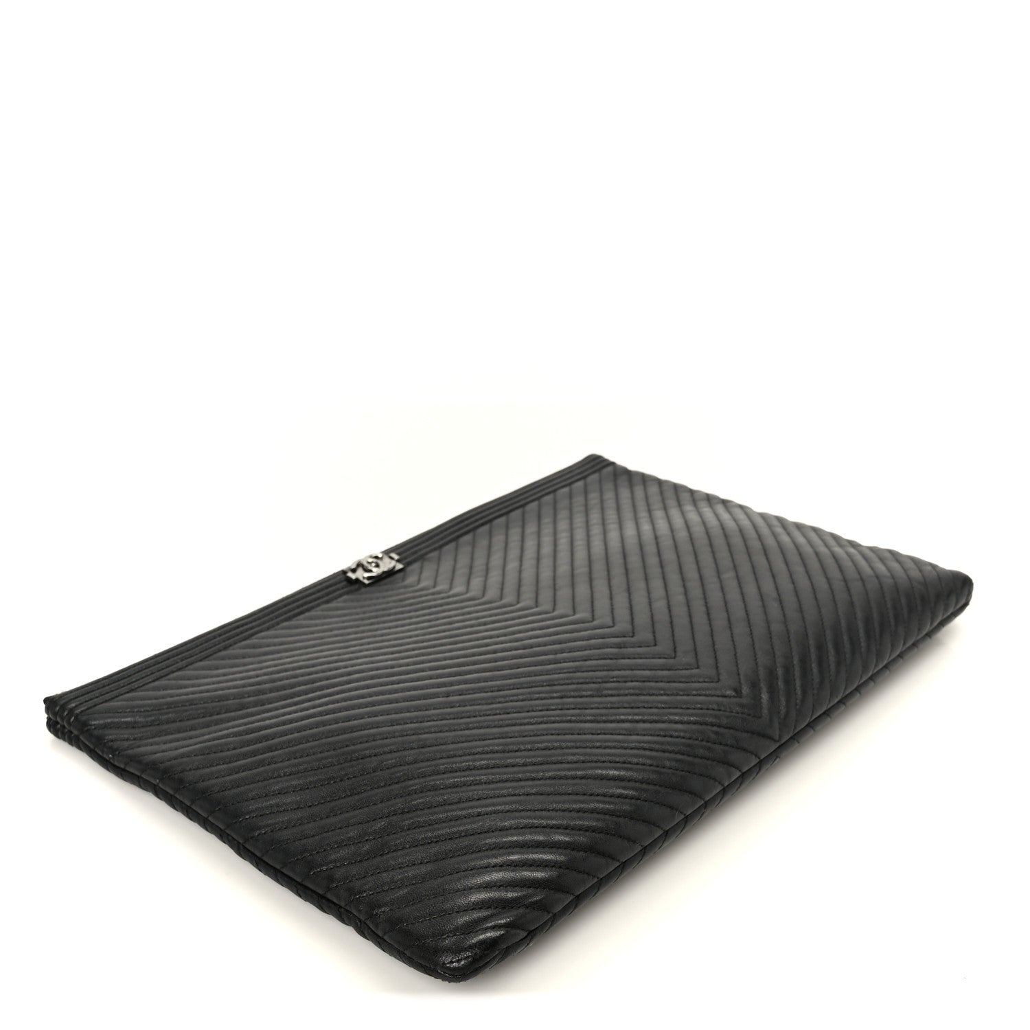 Lambskin Chevron Large Boy Zip Pouch Black