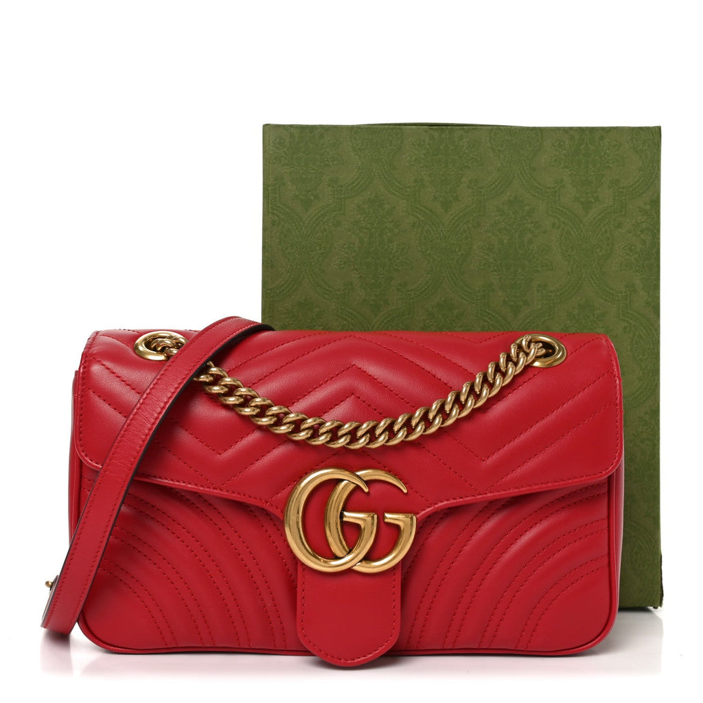 Gucci Calfskin Matelasse Small GG Marmont Shoulder Bag Hibiscus Red