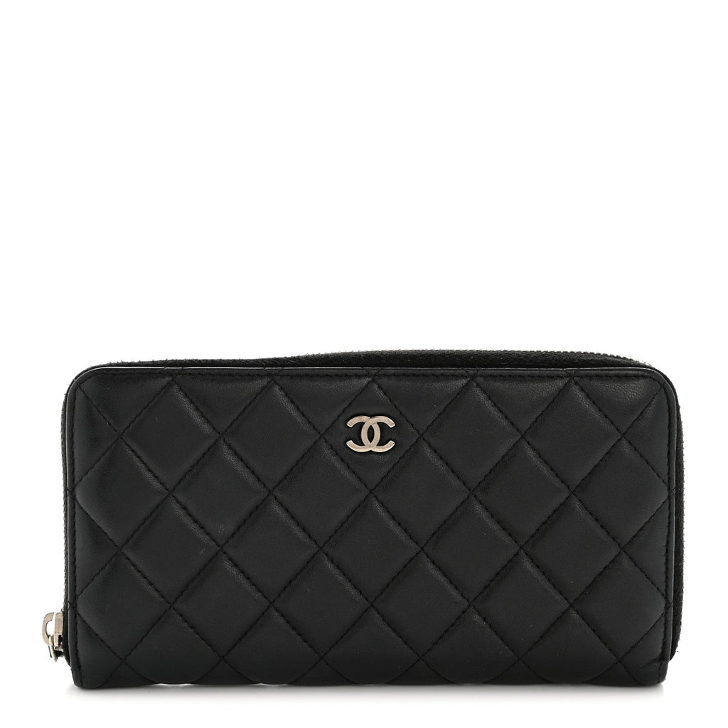 Lambskin Quilted Large Gusset Zip Around Wallet Black