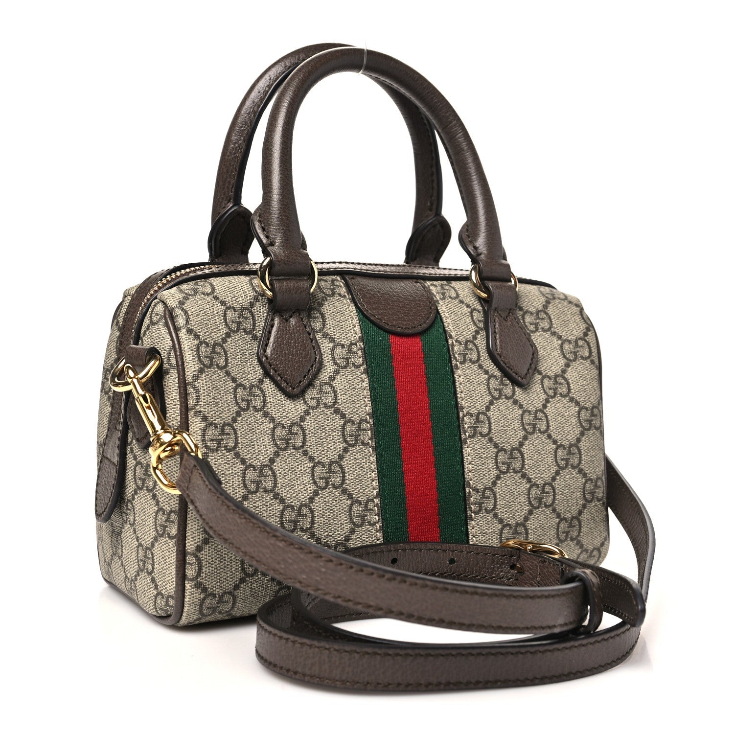 Gucci GG Supreme Monogram Textured Dollar Calfskin Web Mini Ophidia Top Handle Bowler Bag Beige Ebony New Acero