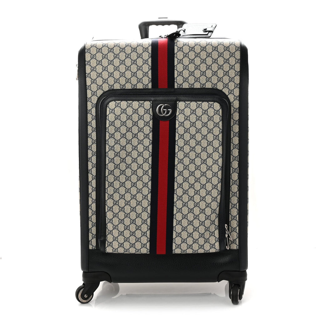 Gucci GG Supreme Monogram Textured Dollar Calfskin Web Large Savoy Trolley Suitcase Beige Blue