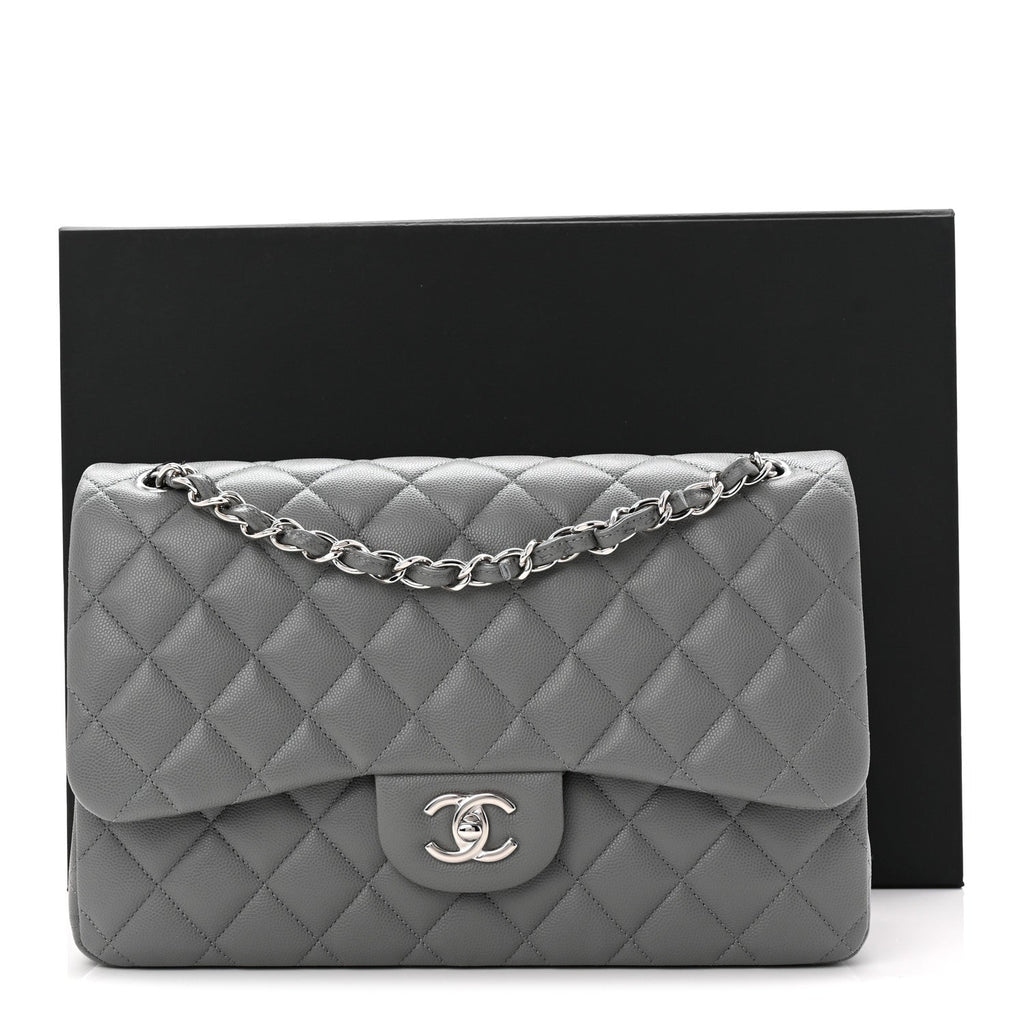 Chanel Caviar Quilted Jumbo Double Flap Grey