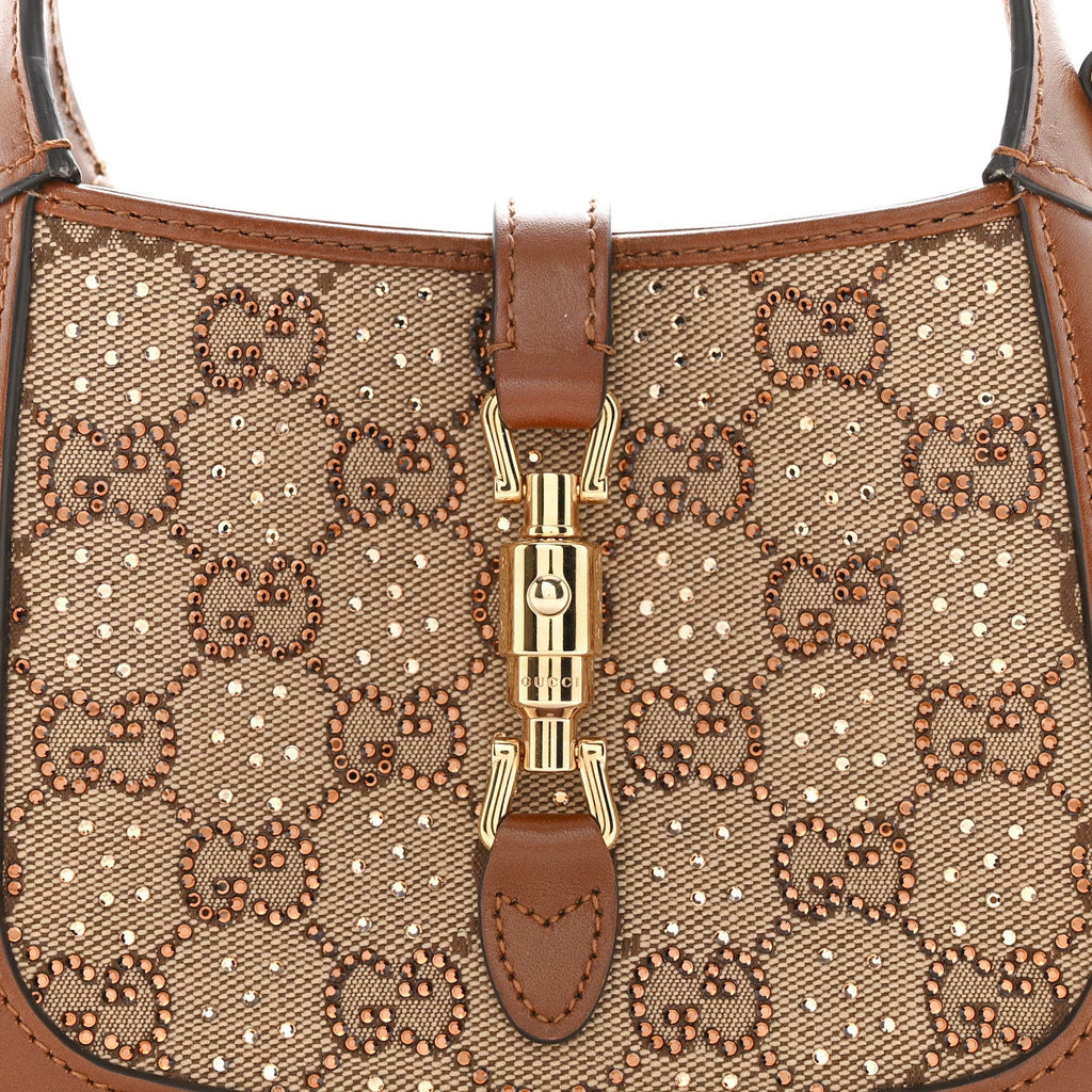 Gucci New Canvas Charisma Calfskin Crystal GG Monogram Mini Jackie 1961 Hobo Camel Ebony