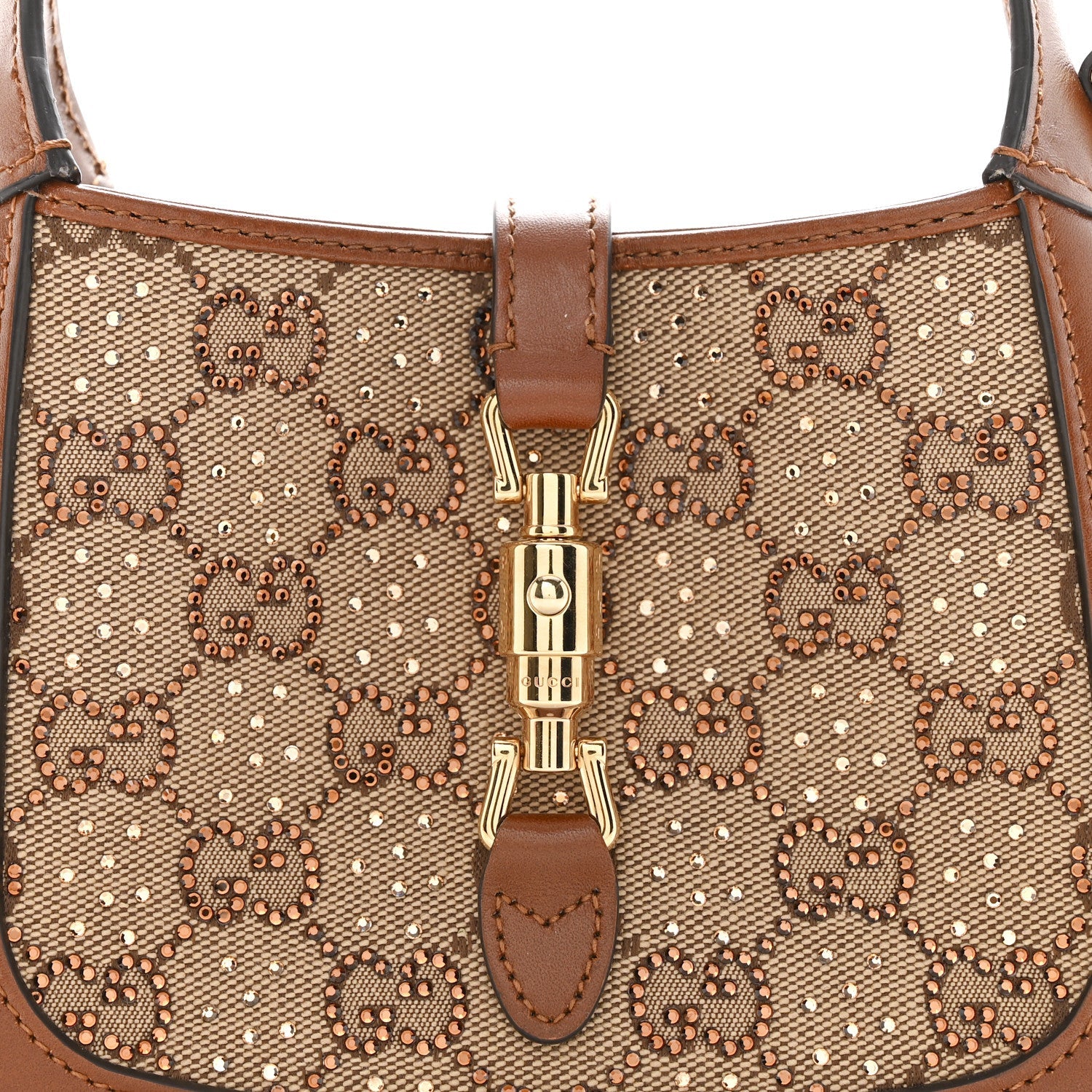 Gucci New Canvas Charisma Calfskin Crystal GG Monogram Mini Jackie 1961 Hobo Camel Ebony