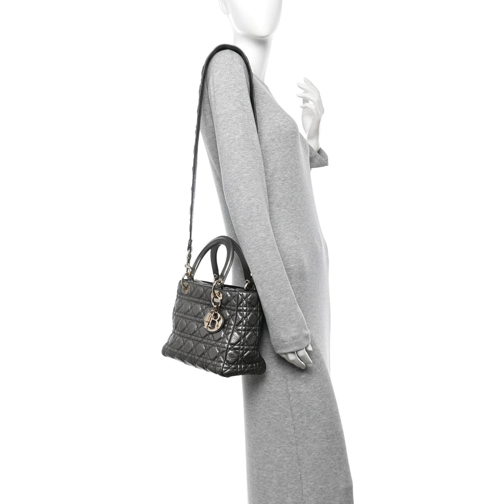 Christian Dior Metallic Grained Calfskin Cannage Medium Supple Lady Dior Steel