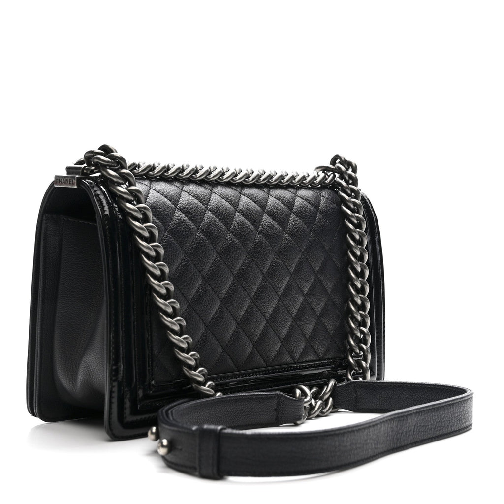 Chanel Goatskin Quilted Patent Medium Duo Boy Flap Dark Blue