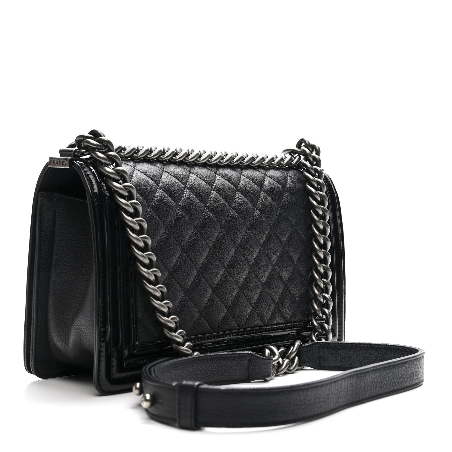 Chanel Goatskin Quilted Patent Medium Duo Boy Flap Dark Blue