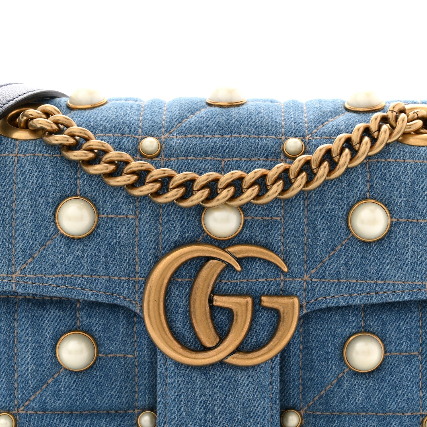 Gucci Denim Matelasse Pearl Studded Mini GG Marmont Shoulder Bag Blue
