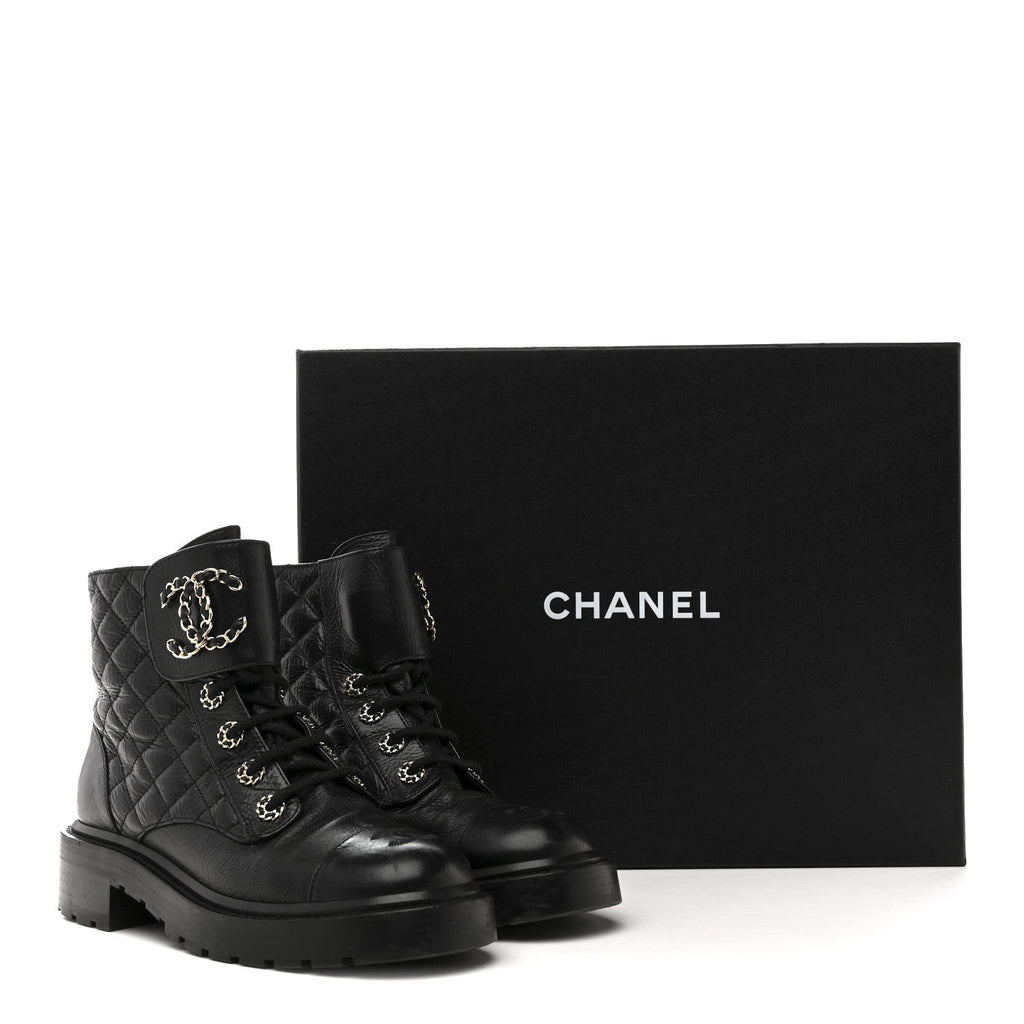 Chanel Shiny Goatskin Calfskin Quilted Lace Up Combat Boots 37 Black
