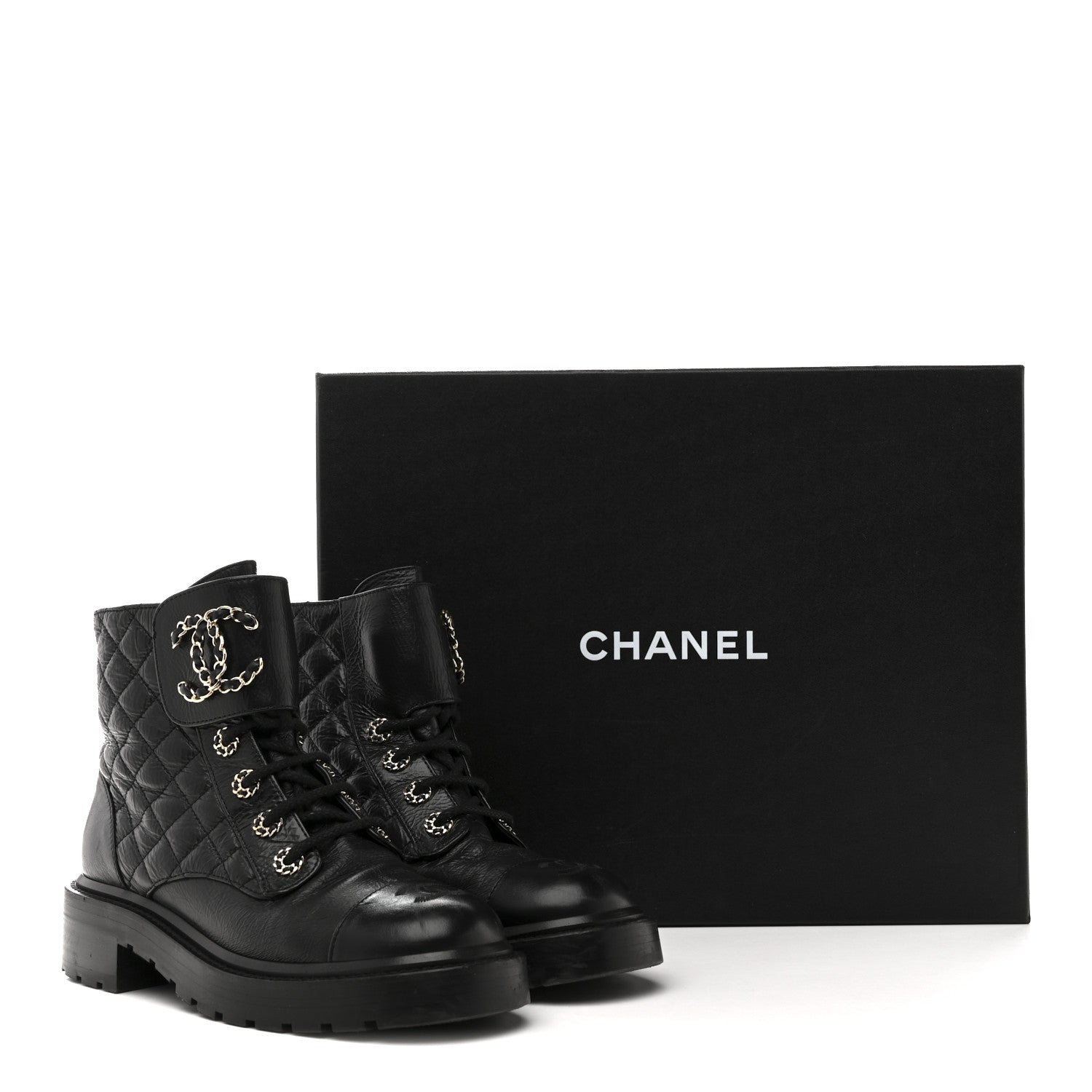 Chanel Shiny Goatskin Calfskin Quilted Lace Up Combat Boots 37 Black