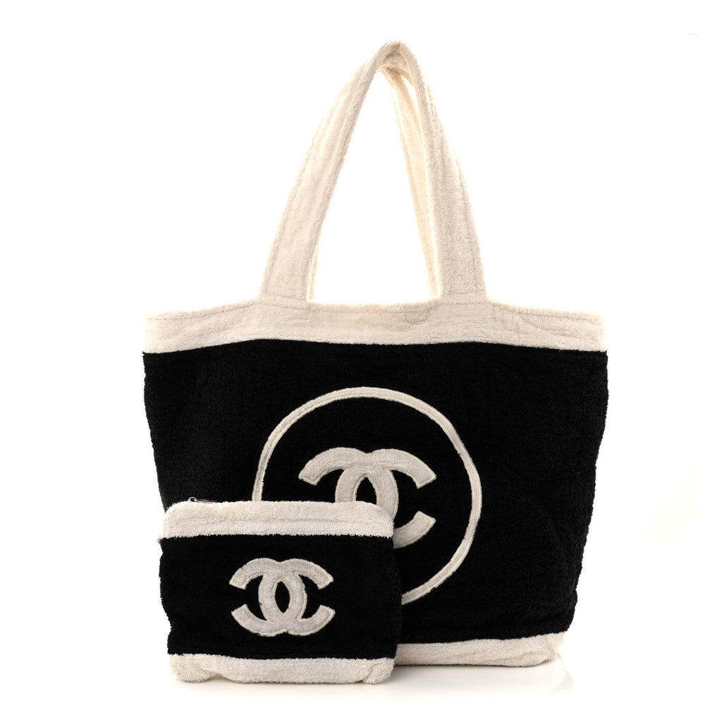 Chanel Terry Cotton CC Beach Tote Towel Set Black White