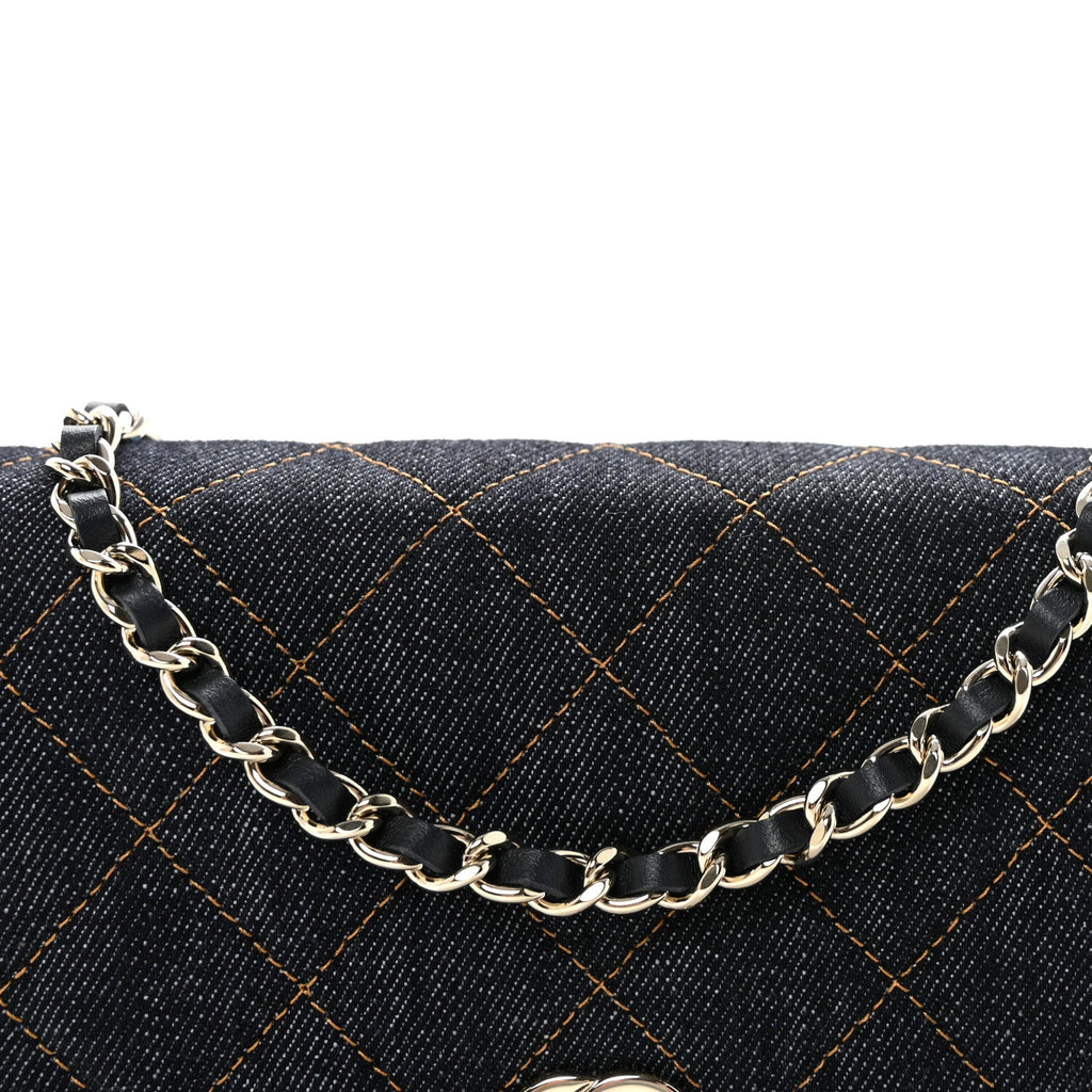 Chanel Denim Quilted CC Turnlock Wallet On Chain WOC Dark Blue Orange