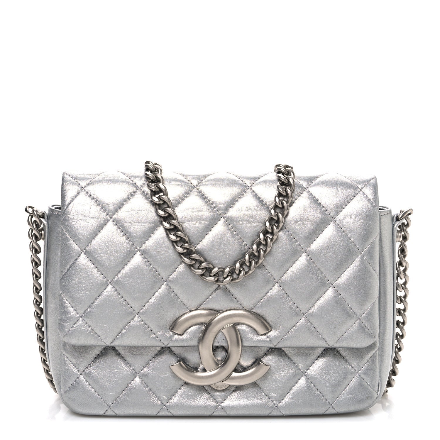 Chanel Metallic Lambskin Quilted Mini Maxi CC Flap Argent