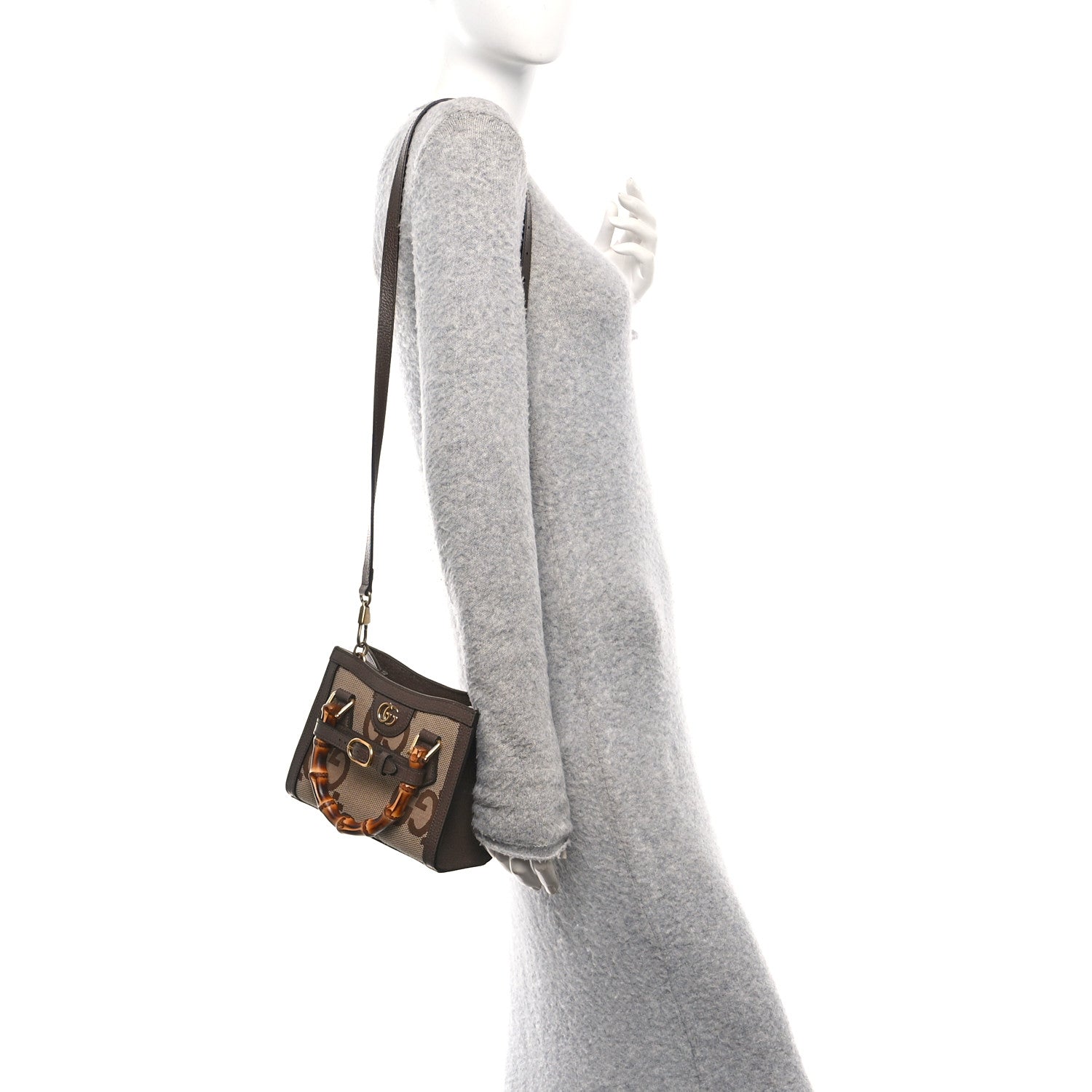 Gucci Monogram Jumbo GG Textured Dollar Calfskin Mini Diana Tote Bag Camel Ebony New Acero