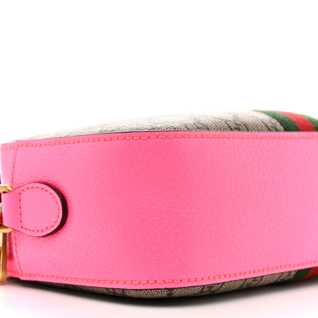 Gucci GG Supreme Monogram Textured Dollar Calfskin Web Ophidia Small Crossbody Bag Beige Ebony Fuchsia