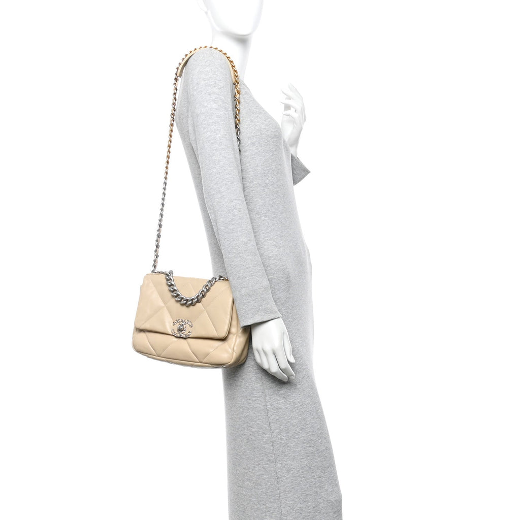 Chanel Lambskin Quilted Medium Chanel 19 Flap Beige
