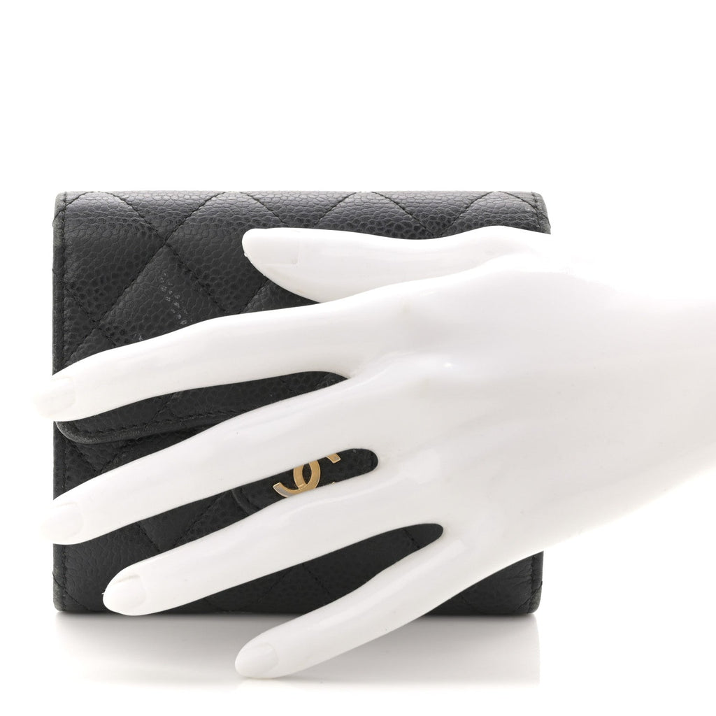 Caviar Quilted Tri-Fold Flap Wallet Black