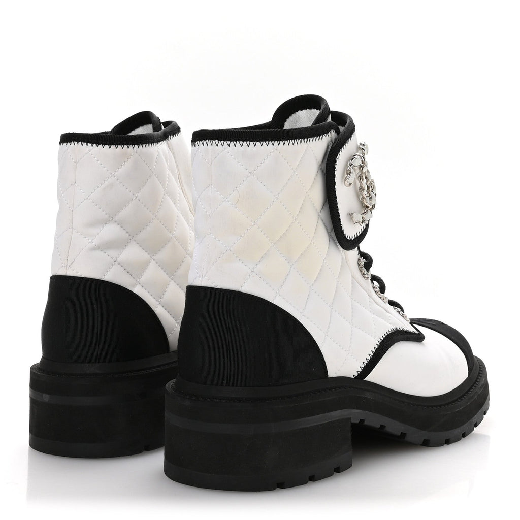 Fabric Grosgrain Quilted Cap Toe Lace Up Combat Boots 38.5 White Black