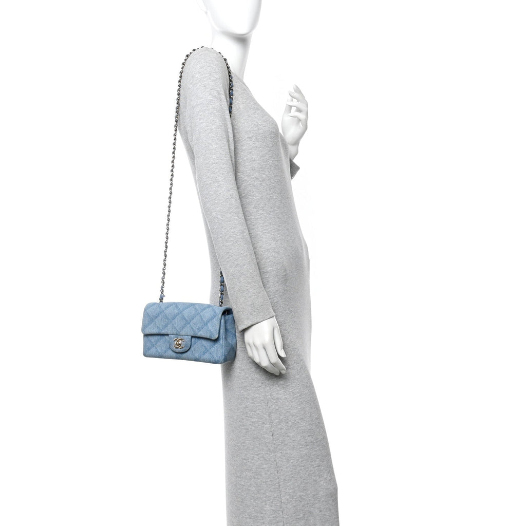 Chanel Printed Denim Quilted Mini Rectangular Flap Light Blue