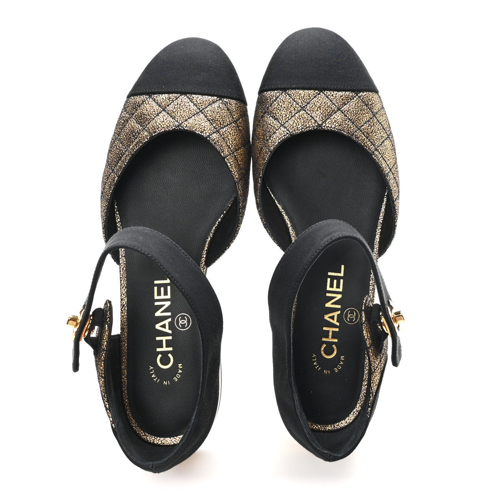 Laminated Suede Kidskin Grosgrain Quilted Cap Toe Ballerina Flats 36.5 Gold Black