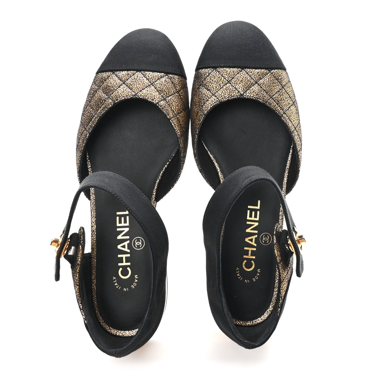Laminated Suede Kidskin Grosgrain Quilted Cap Toe Ballerina Flats 36.5 Gold Black