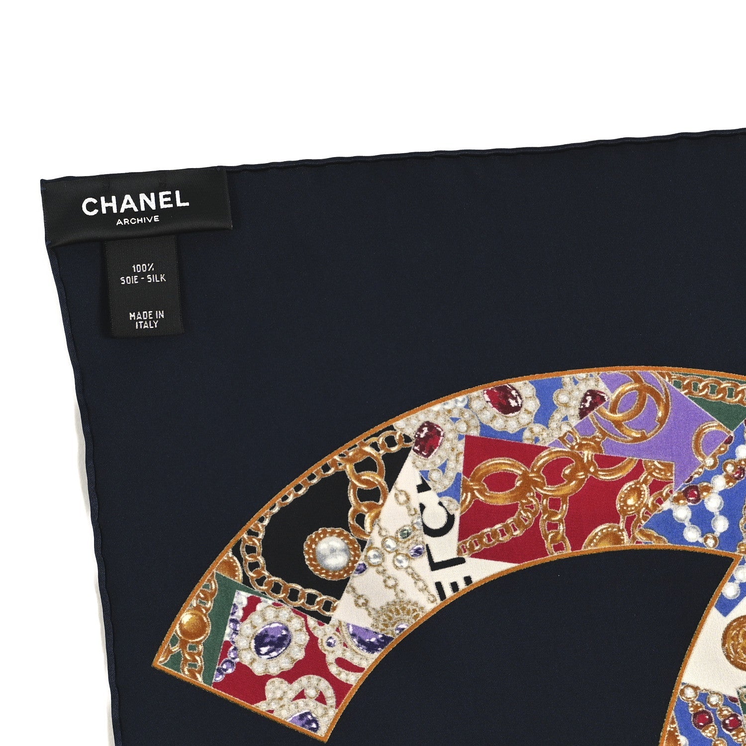 Chanel Silk CC Gripoix Logo Mini Bandana Navy Blue Golden Multicolor