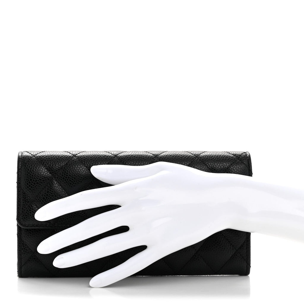 Caviar Quilted Large Gusset Flap Wallet Black