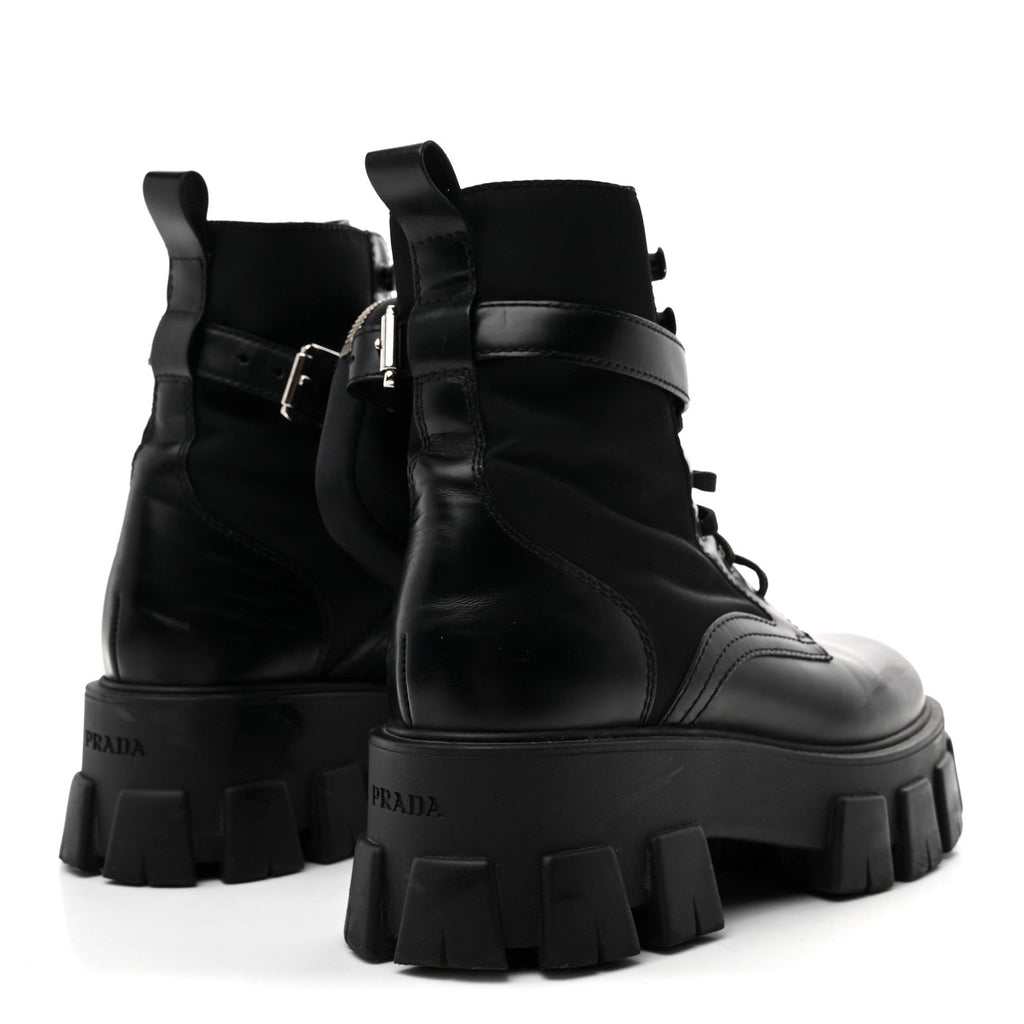 Prada Spazzolato Rois Nylon Metal Triangle Logo Monolith Pouch Pocket 55mm Boots 38 Black