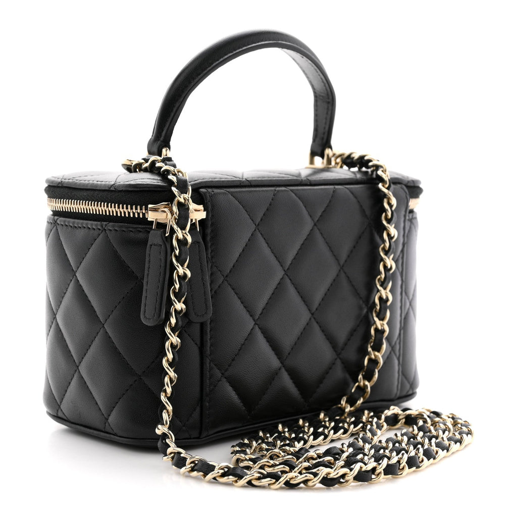 Chanel Lambskin Quilted Small Top Handle Vanity Case With Chain Black