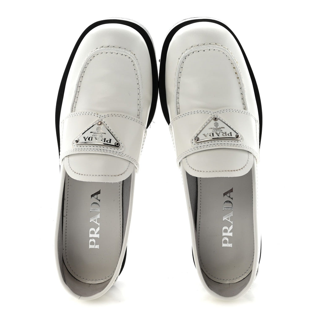 Prada Spazzolato Metal Triangle Logo 20mm Loafers 39 White