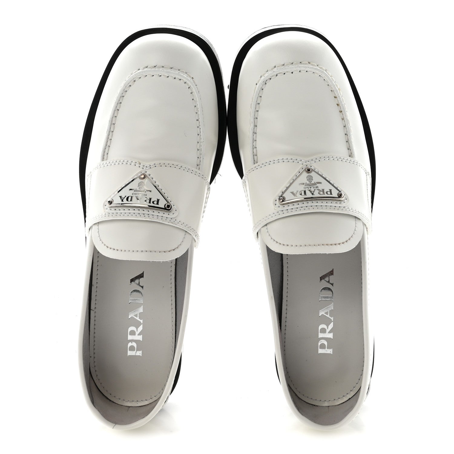 Prada Spazzolato Metal Triangle Logo 20mm Loafers 39 White