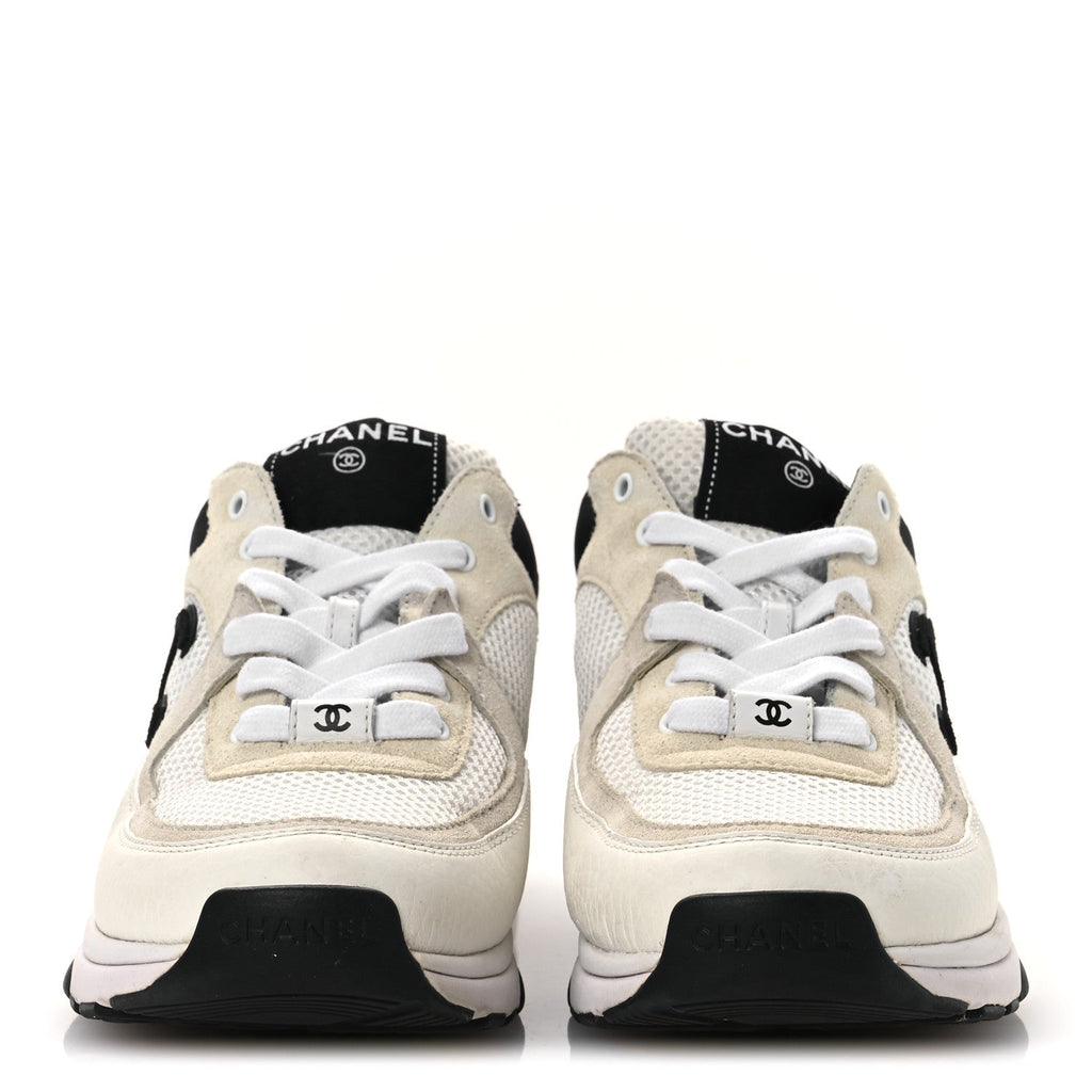 Mesh Suede Calfskin Grained Calfskin Womens CC Sneakers 38 White Black