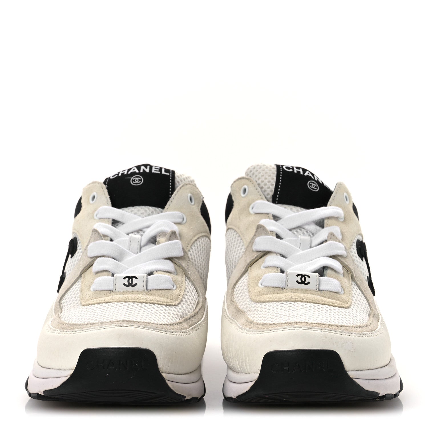 Mesh Suede Calfskin Grained Calfskin Womens CC Sneakers 38 White Black