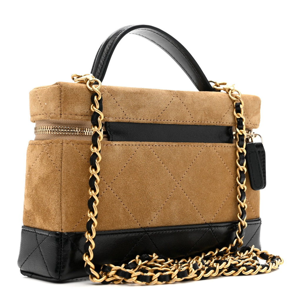 Chanel Suede Calfskin Shiny Lambskin Quilted Top Handle Slim Vanity Case With Chain Beige Black