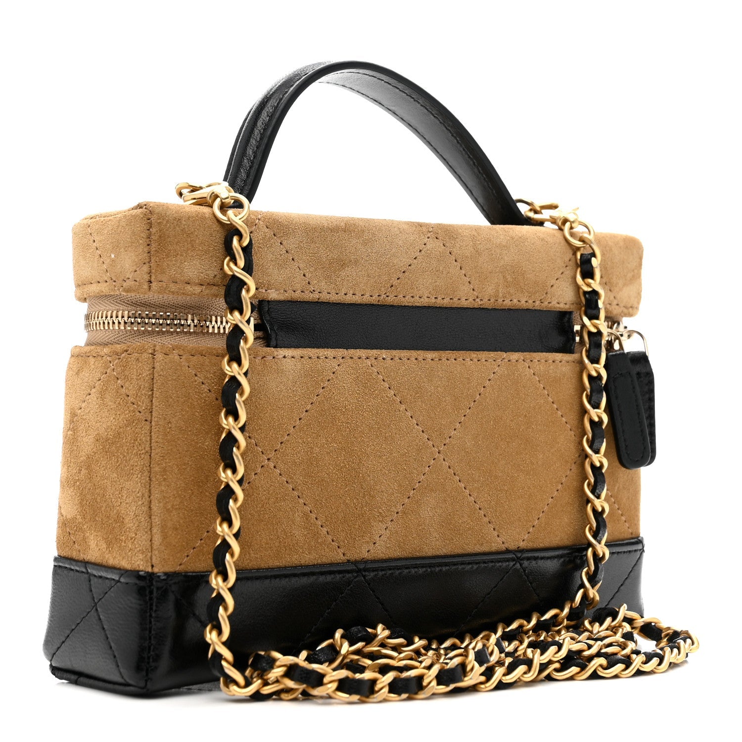 Chanel Suede Calfskin Shiny Lambskin Quilted Top Handle Slim Vanity Case With Chain Beige Black