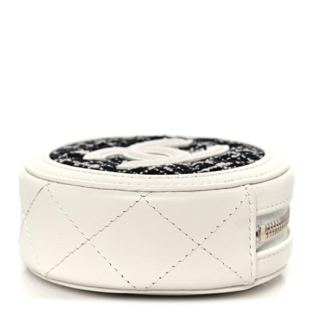 Chanel Tweed Quilted Round Filigree Pouch With Chain White Black